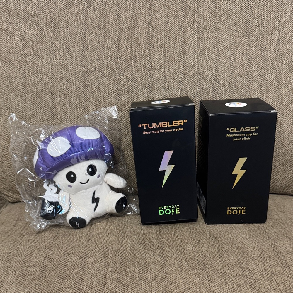 NEW Everyday Dose plush, tumbler, and glass cup